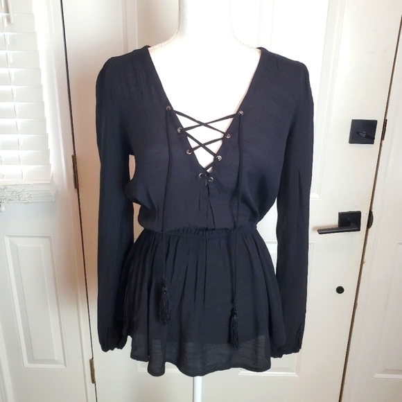 Free People Lace Up Blouse Womens XS Black Swim Cover Elastic Waist Tassels Boho - Picture 1 of 11